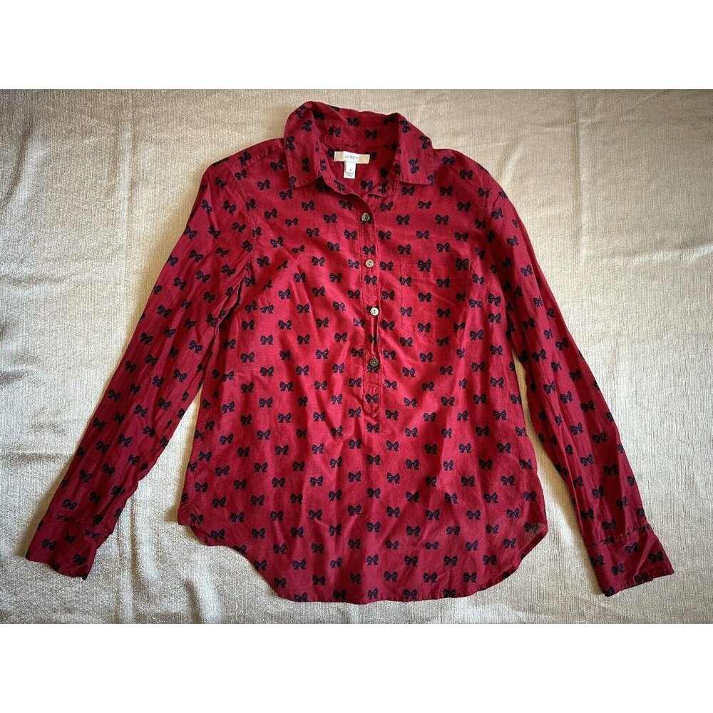 J.Crew Red Bow Tie Print Silk Cotton Long Sleeve Blouse Size 2 Preppy Workwear